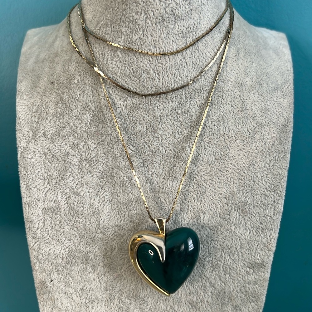 Vintage Gold and Green Puffy Heart Pendant Necklace